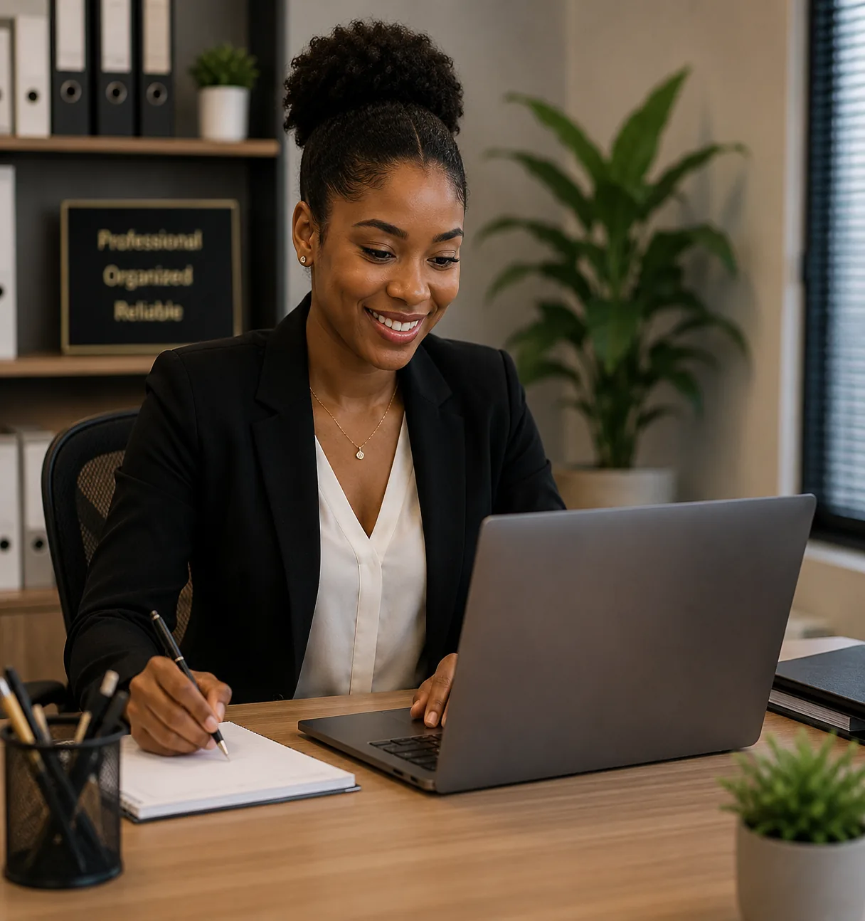 Administrative professional organizing documents and working on a laptop in a modern office.