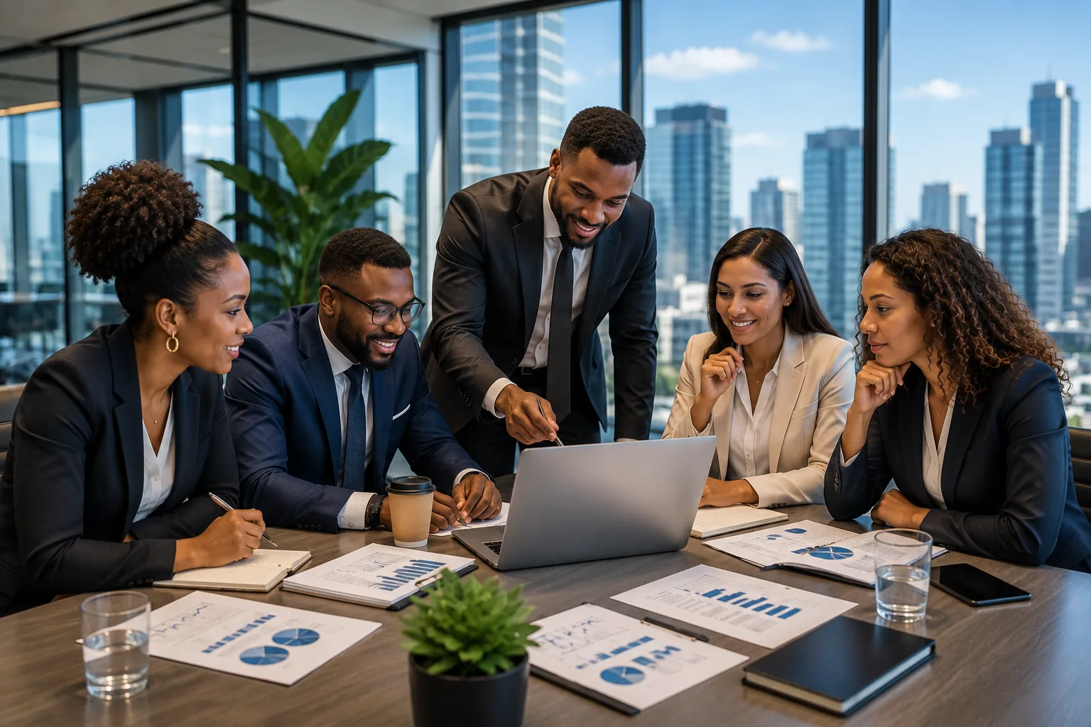 Executive business team reviewing strategy and data in a modern office